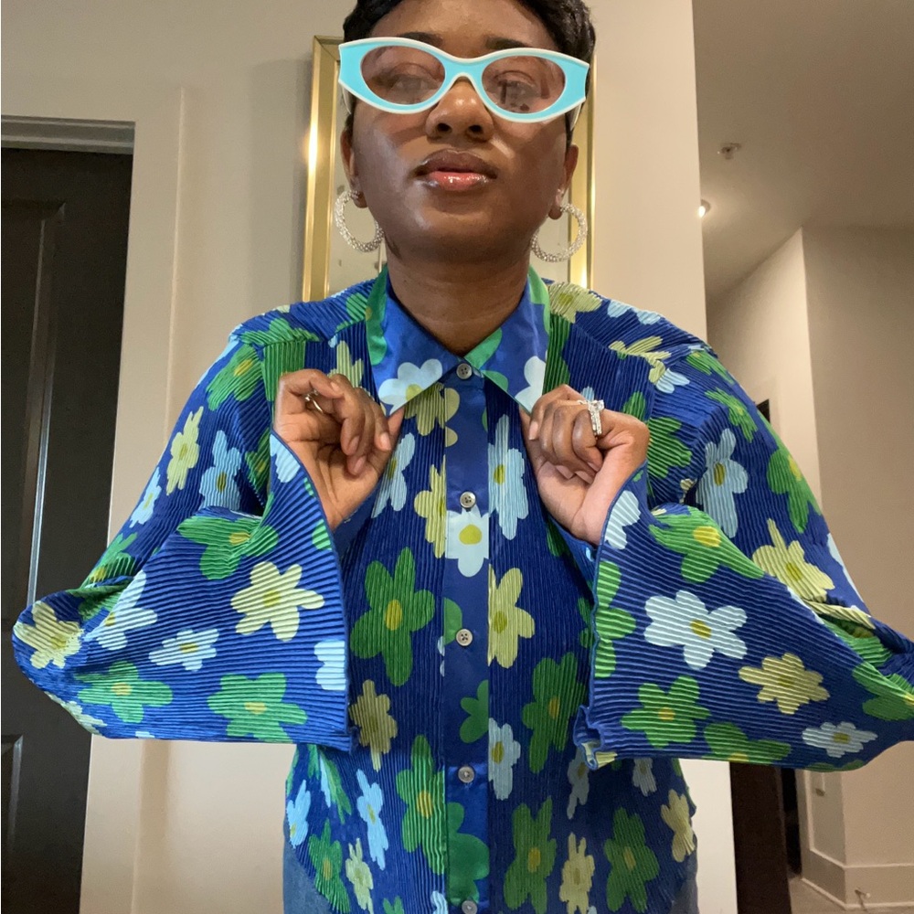 Floral Blue and Green Button-Up Shirt